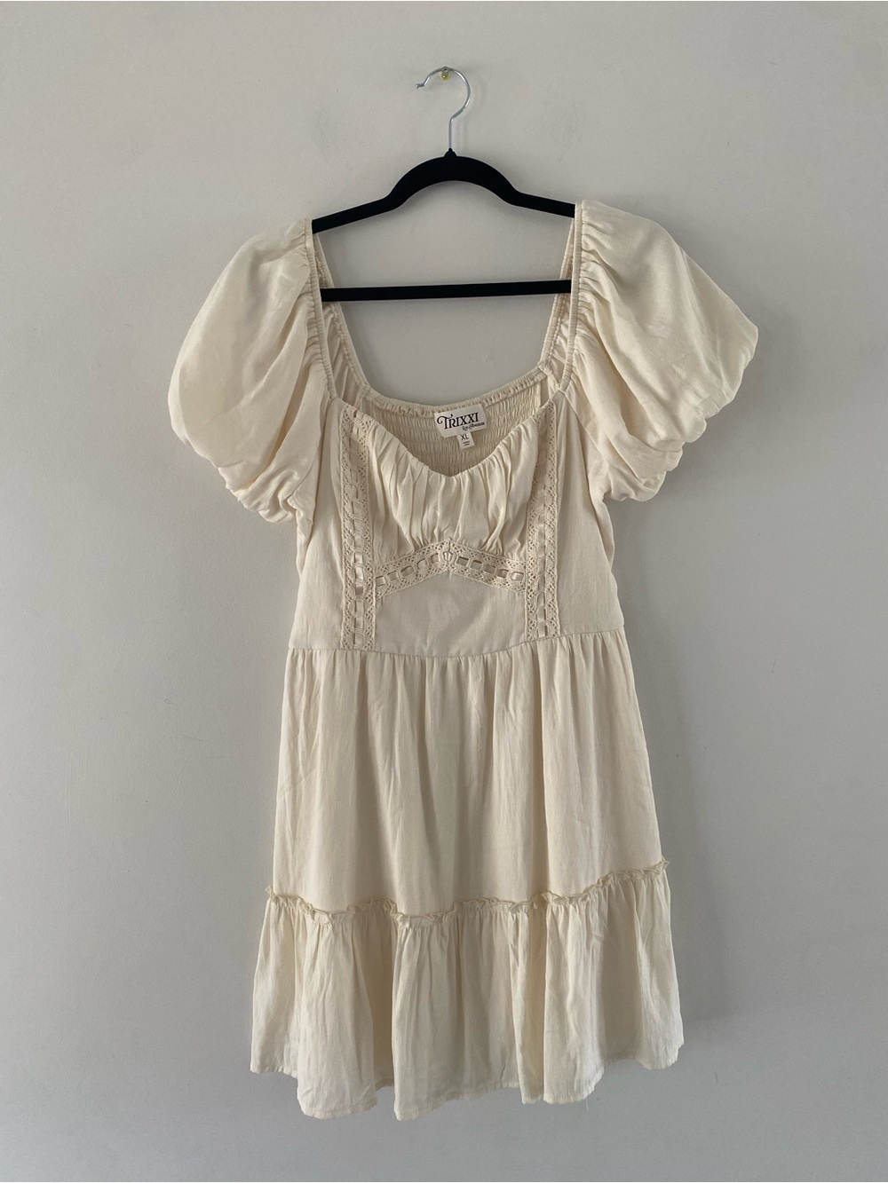 Trixxi Ivory Smocked Neckline Tiered Mini Dress